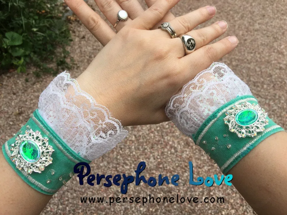 TWO green silver embroidered upcycled Victorian Rococo French chic look denim lace bracelets