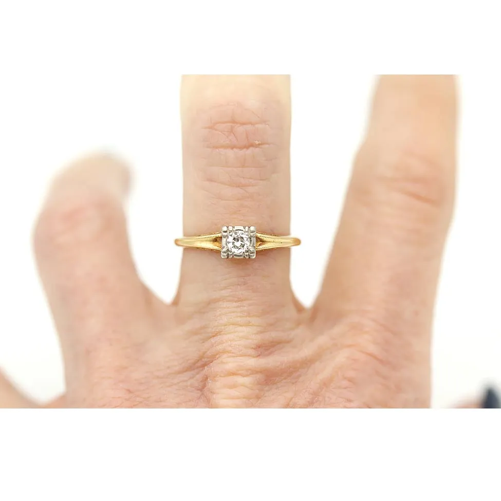 Victorian .15 CTW 14 KaratTwo tone Gold Old European Cut Solitaire Diamond Antique Engagement Ring